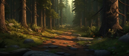 A winding pathway meanders through a dense forest, surrounded by large rocks and tall trees creating a serene natural landscape