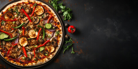 Top view of vegetarian pizza with tomato sauce, mozzarella, eggplant, zucchini, mushrooms, bell peppers, and onion, with copy space, dark concrete background Menu concept. Delicious tasty Italian food