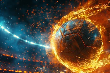 Fiery soccer ball go fast at the football stadium. Generative AI - 775135125