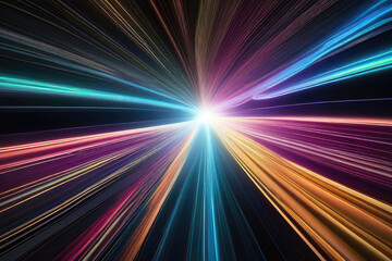 light speed hyperspace space warp background colorful streaks of light gathering towards the evening - obrazy, fototapety, plakaty