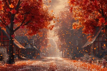 Depict a seasonal theme with a charming autumn scene adorned with falling leaves - obrazy, fototapety, plakaty