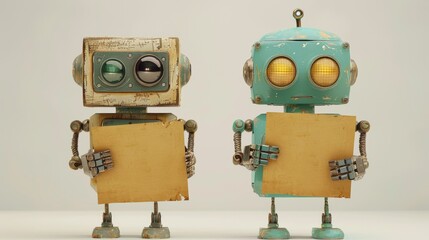 Two robots holding a piece of paper with the words 