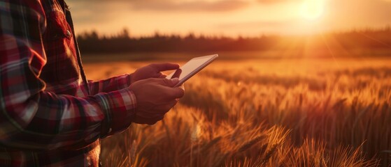 Golden hour casts a warm glow over a wheat field as a person in a plaid shirt uses a smartphone, capturing the beauty of rural connectivity.