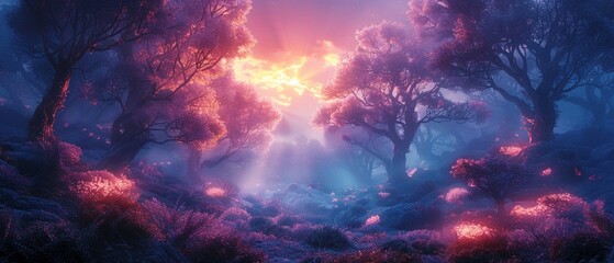 Dream up a fantasy landscape featuring mythical creatures roaming enchanted forests