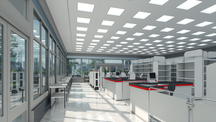 Supermarket interior mockup with cash counters, empty racks and view of the city through the window. 3d illustration