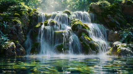 A hidden waterfall cascading down moss-covered rocks into a serene pool below