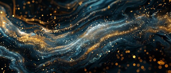 Captivating image featuring waves of blue, enhanced with a flow of golden glitter, embodying both the calm of the ocean and the sparkle of the stars. - obrazy, fototapety, plakaty