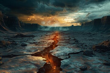 Fault line landscape, cracked earth, surreal environment, dramatic lighting, 3D Surreal scifi