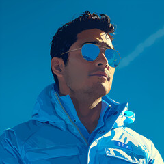 Stylized digital portrait of a man with sunglasses against a blue sky backdrop.