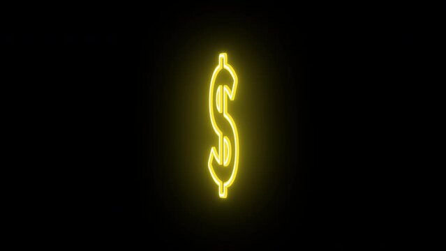 Neon dollar sign animation, rotation around vertical axis. Glowing neon 3D dollar icon, looped spin. Money cash, digital currency market, USD, bank business and finance. Yellow, green, orange colors