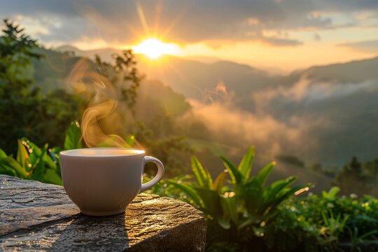 a cup of coffee on a ledge overlooking a valley