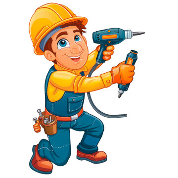 cartoon builder kneeling with drill clip art preview