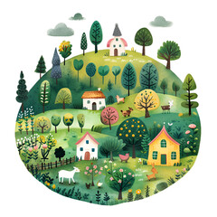 Whimsical illustration of a rural landscape with cottages, trees, and animals in a circular frame.