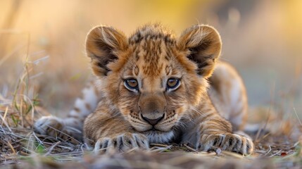 A small lion cub laying on the ground in a field, AI