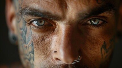 A close up of a man with piercings and tattoos on his face, AI