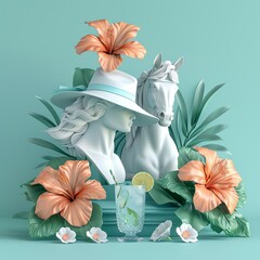 Kentucky Derby horse racing, extravagant hats, mint julep cocktails, Southern traditions, minimalist and clean 3D illustration - obrazy, fototapety, plakaty