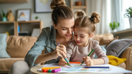 a cute little girl and her mother coloring together at home, radiating joy and happiness as they create memories through art, embodying the essence of a happy family.