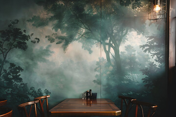 A table with two chairs and a mirror in front of a mural of a forest. The mural is painted on the wall and has a green color. Generative AI
