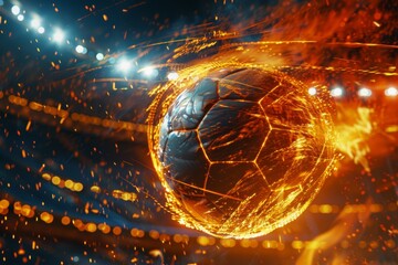 Fiery soccer ball go fast at the football stadium. Generative AI - 775137379