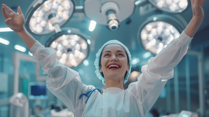 Happy female doctor raising her hands after a successful surgery in the hospital