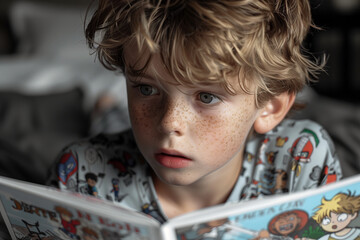 A boy reading a comic book.