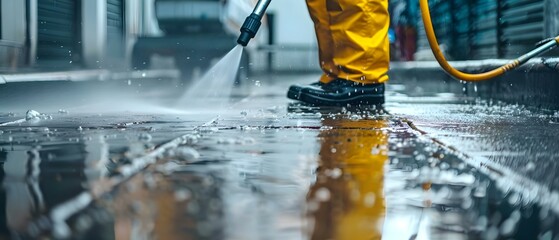 A professional worker using a pressure washer to clean a driveway. Concept Pressure Washing, Cleaning Equipment, Professional Worker, Driveway Cleaning, Industrial Equipment - obrazy, fototapety, plakaty
