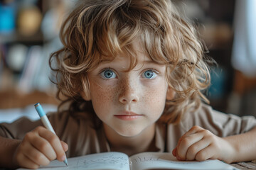 A boy writing in a notebook.
