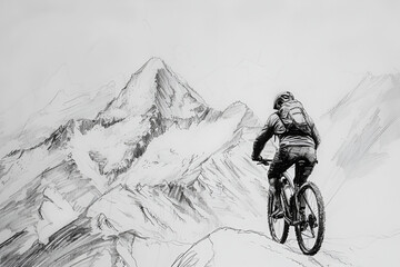 Cyclist riding the bike in the beautiful mountains down the rock. Extreme sport and biking concept - obrazy, fototapety, plakaty