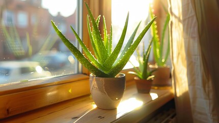Aloe Vera Plant in Ceramic Pot on Wooden Window Sill, Bathed in Natural Sunlight with Urban Background - obrazy, fototapety, plakaty