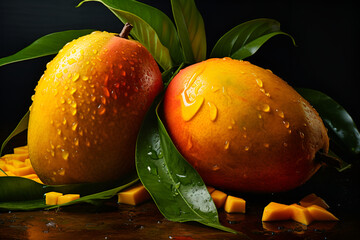 Mango. Close up of fresh ripe mango fruit with leaves over dark background