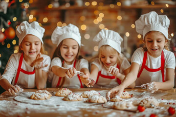 Children with chef hats are decorating cookies with sprinkles during holiday season