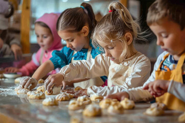 A group of children with various colorful clothing items are busily shaping and baking pastries