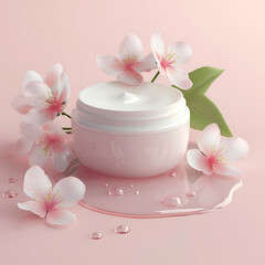 Fototapeta na wymiar A cream jar surrounded by cherry blossoms on a pink background.