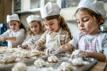 Kids in chef attire are deeply concentrating on baking and decorating pastries in a sunlit kitchen - obrazy, fototapety, plakaty