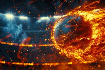 Fiery soccer ball go fast at the football stadium. Generative AI - 775138902