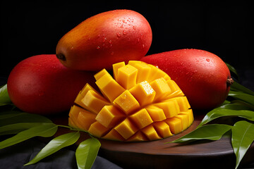 Mango is cut into cubes, surrounded by three whole mangos on the table with green leaves and black background