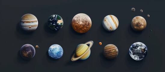 Group of planets and satellites on dark surface