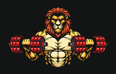 Lion fitness or gym template, Lion lifting dumbbell illustration. Lion mascot character