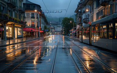 A charming city street comes alive on a rainy evening, with colorful reflections shimmering on the wet pavement and tram tracks winding through the atmospheric scene. - obrazy, fototapety, plakaty
