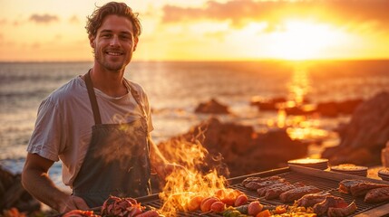 Happy man grilling food at beach sunset - obrazy, fototapety, plakaty