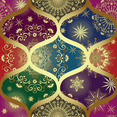 Vector Christmas seamless pattern with golden snowflakes and stars on the colorful backgrounds