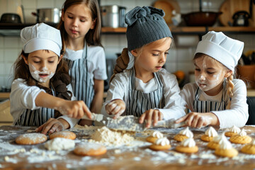 A group of children with flour on their faces is intently rolling dough and decorating pastries