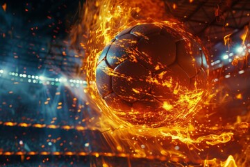 Fiery soccer ball go fast at the football stadium. Generative AI - 775139703