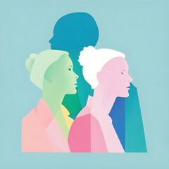 Three schematic geometric pastel-colored female profile silhouettes, a light blue background