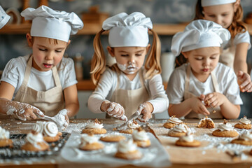 Children with serious expressions are delicately garnishing pastries on a baking tray in a kitchen