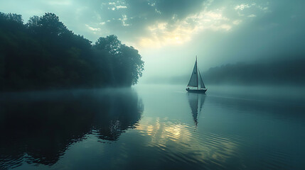A lone sailboat on a misty lake - obrazy, fototapety, plakaty