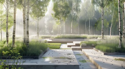 a serene garden, elevated with a variety of grasses, concrete pathways, wooden slabs, and multi-stemmed silver birch trees, all enveloped in a soothing ambiance heightened.