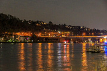 Bridge over the river Rhine opposite the Deutsches Eck at night with lighting in Germany, Koblenz on 21 March 2024