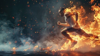 man with lit fire running - obrazy, fototapety, plakaty