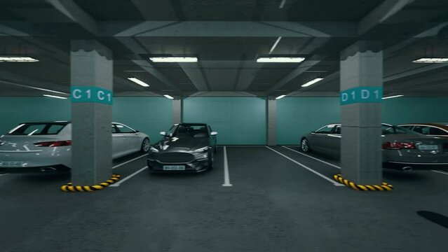 Underground parking with cars. Modern underground parking. Indoor full modern parking. Underground Parking Garage Scene